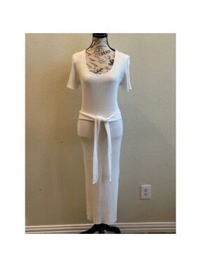 NWT | White Belted Ribbed Midi Sweater Dress | ee:some | Large #118